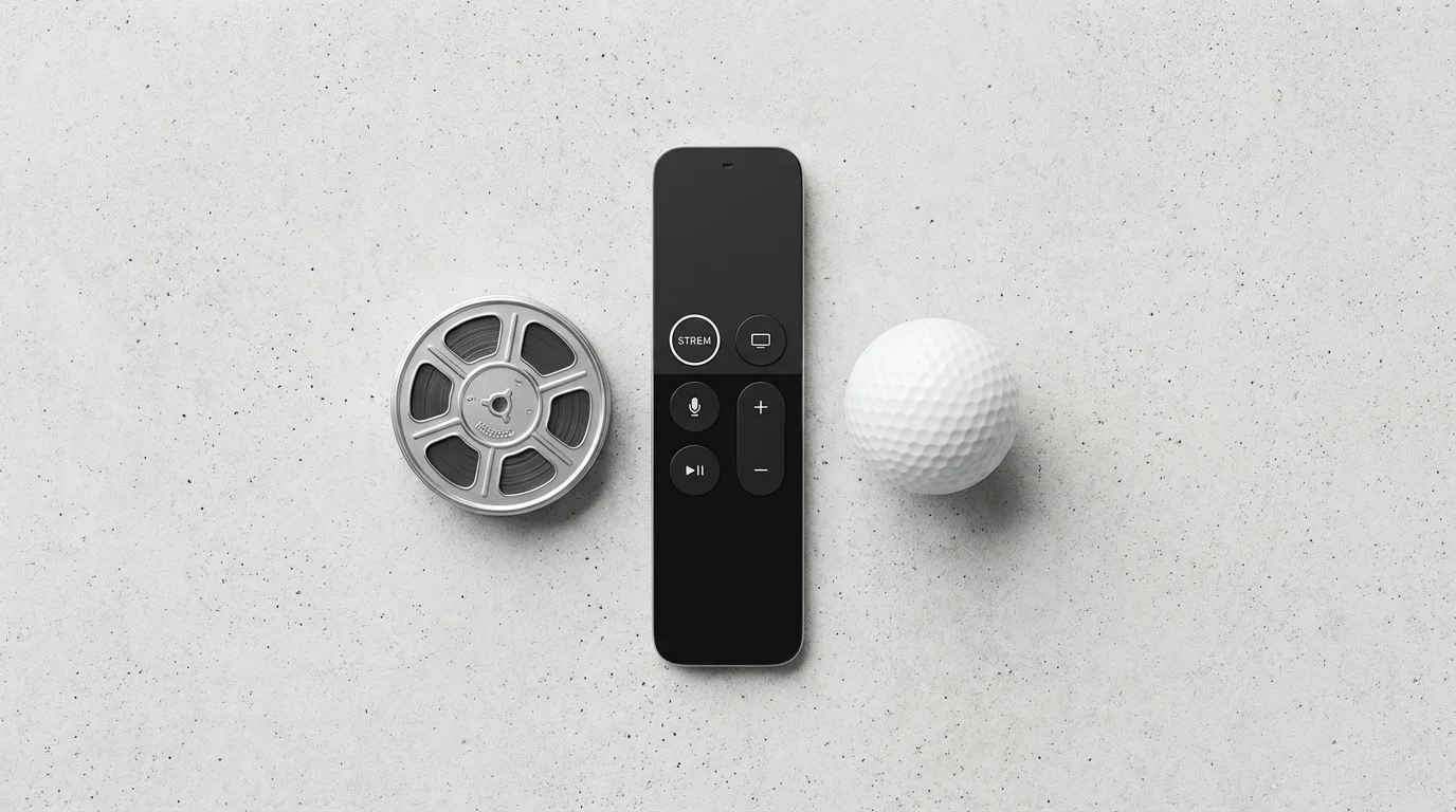 A flat lay of a remote control, movie reel, and golf ball symbolizing a streaming bundle.