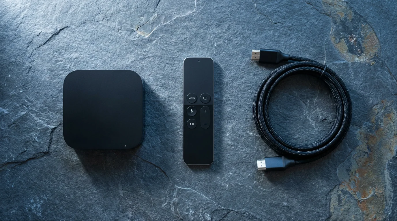 A flat lay of a remote, streaming media box, and HDMI cable at dusk.