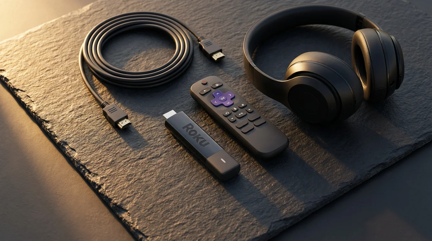 A flat lay of a Roku 4K streaming device, remote, and headphones during golden hour.