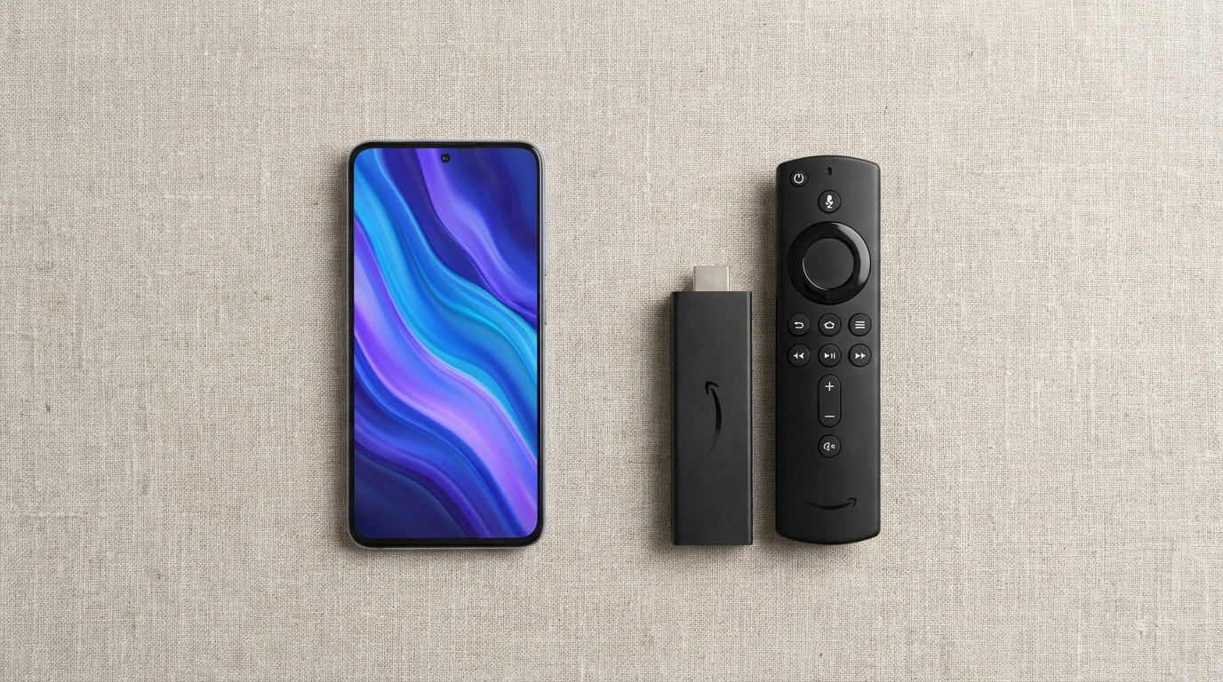 A flat lay of a smartphone, an Amazon Fire TV Stick, and remote.