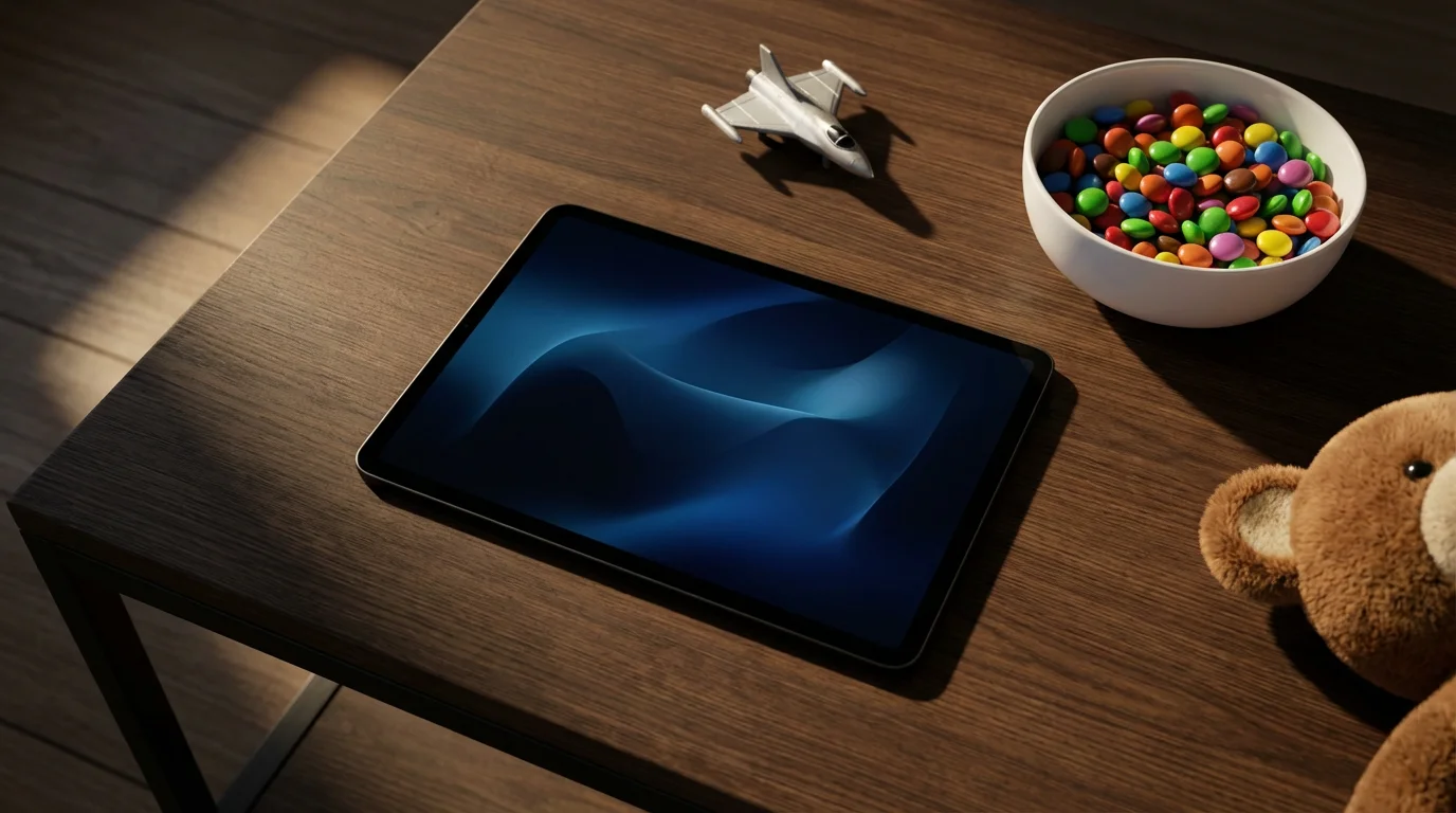 A flat lay of a tablet, bowl of colorful candy, and toys on a coffee table.