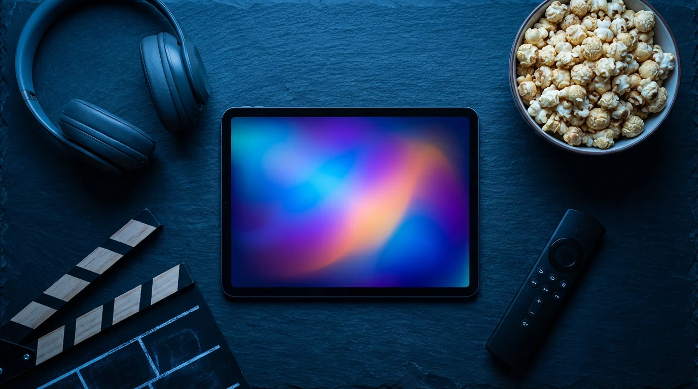 A flat lay of a tablet for streaming surrounded by headphones, popcorn, and a clapperboard.