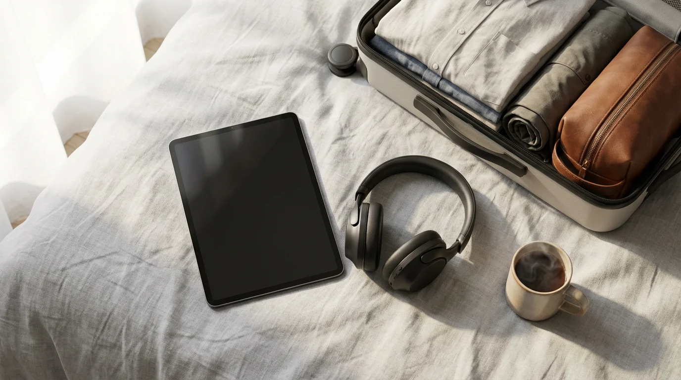 A flat lay of a tablet, headphones, and an open suitcase on a bed.