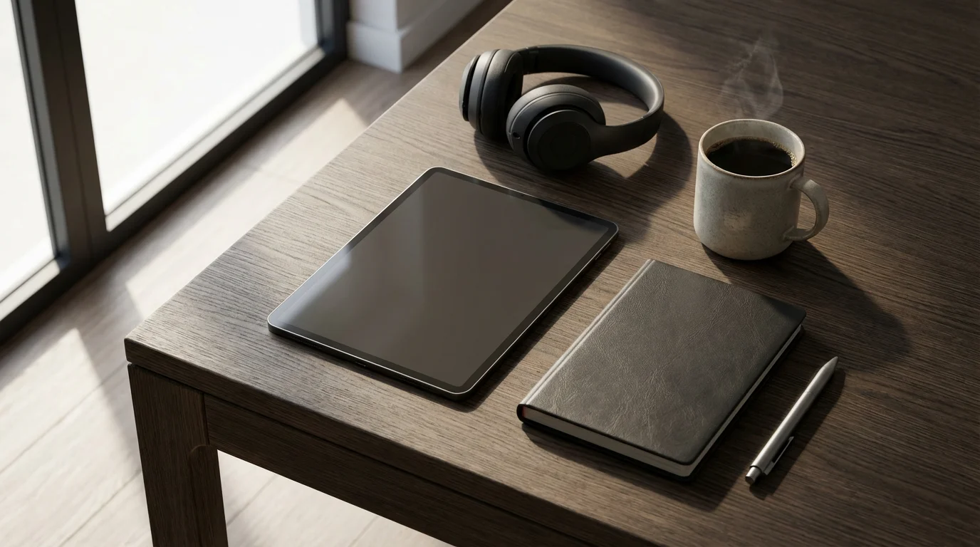 A flat lay of a tablet, headphones, coffee, and a journal for streaming.