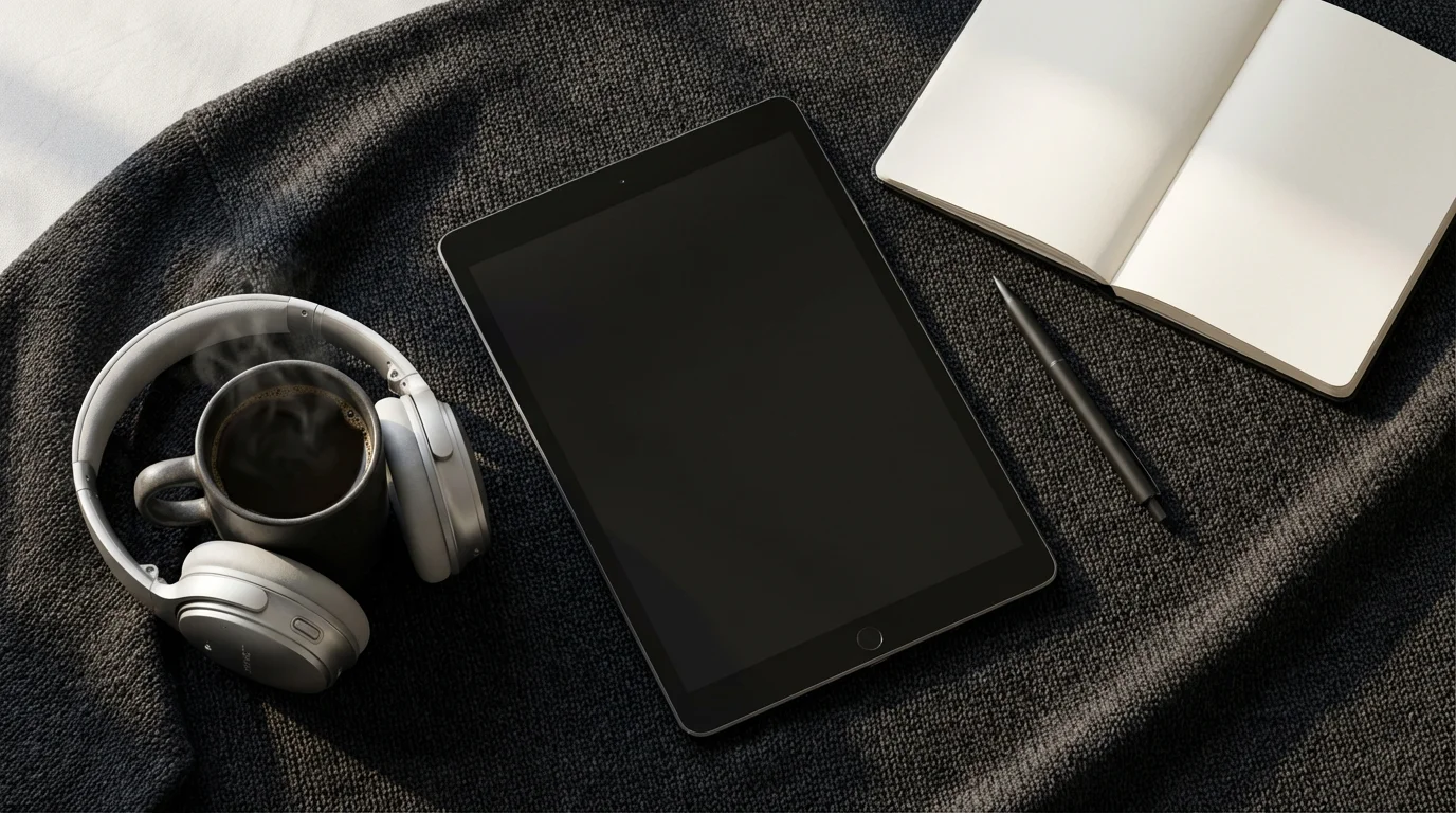 A flat lay of a tablet, headphones, coffee, and a notebook on a blanket.