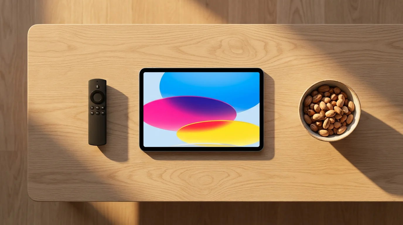 A flat lay of a tablet, streaming remote, and snack bowl on a wooden table.