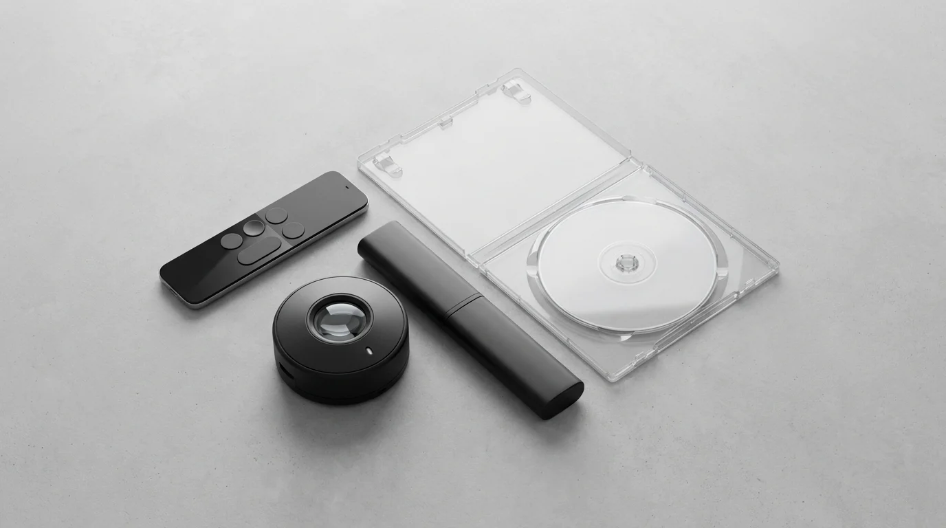 A flat lay of a TV remote and color calibration tools on a concrete surface.