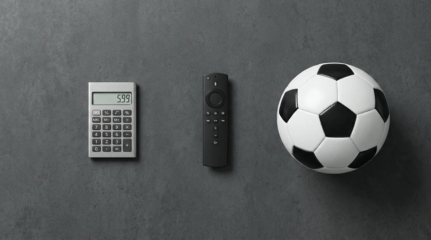 A flat lay of a TV remote, calculator, and soccer ball representing a decision.