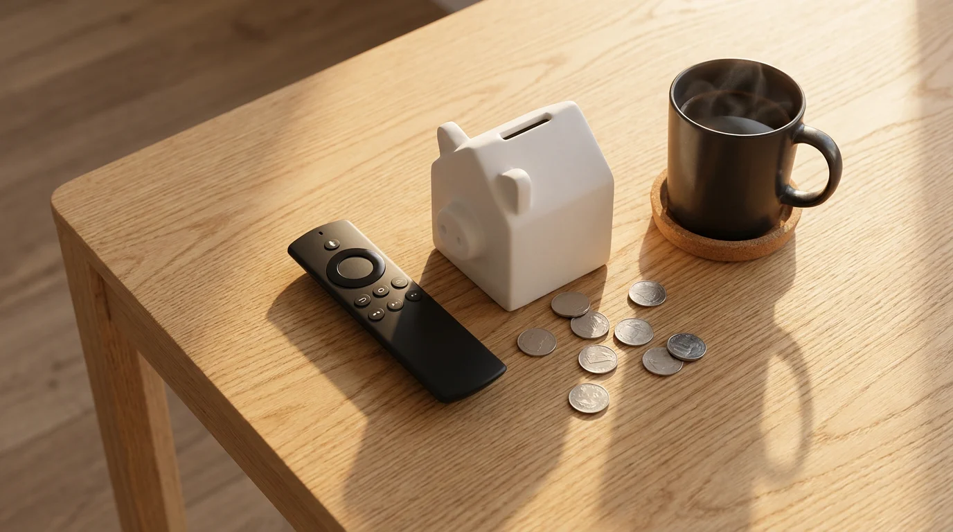 A flat lay of a TV remote, piggy bank, coins, and a mug.