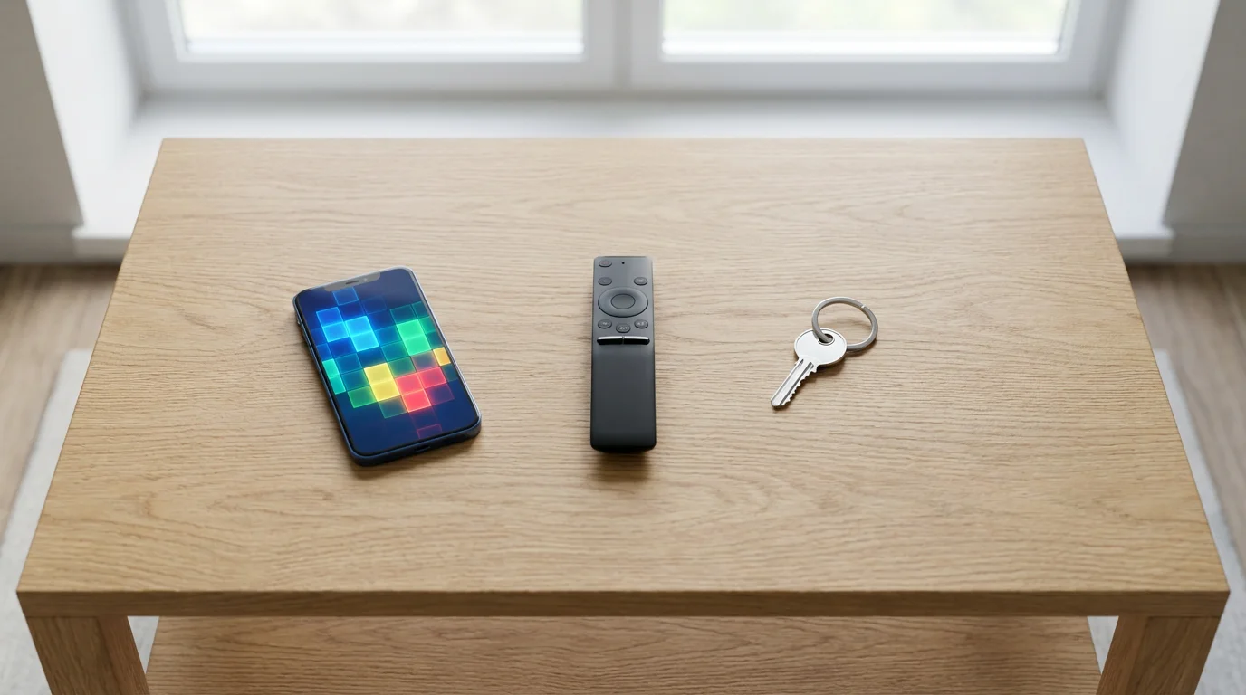 A flat lay of a TV remote, smartphone, and house keys on a table.