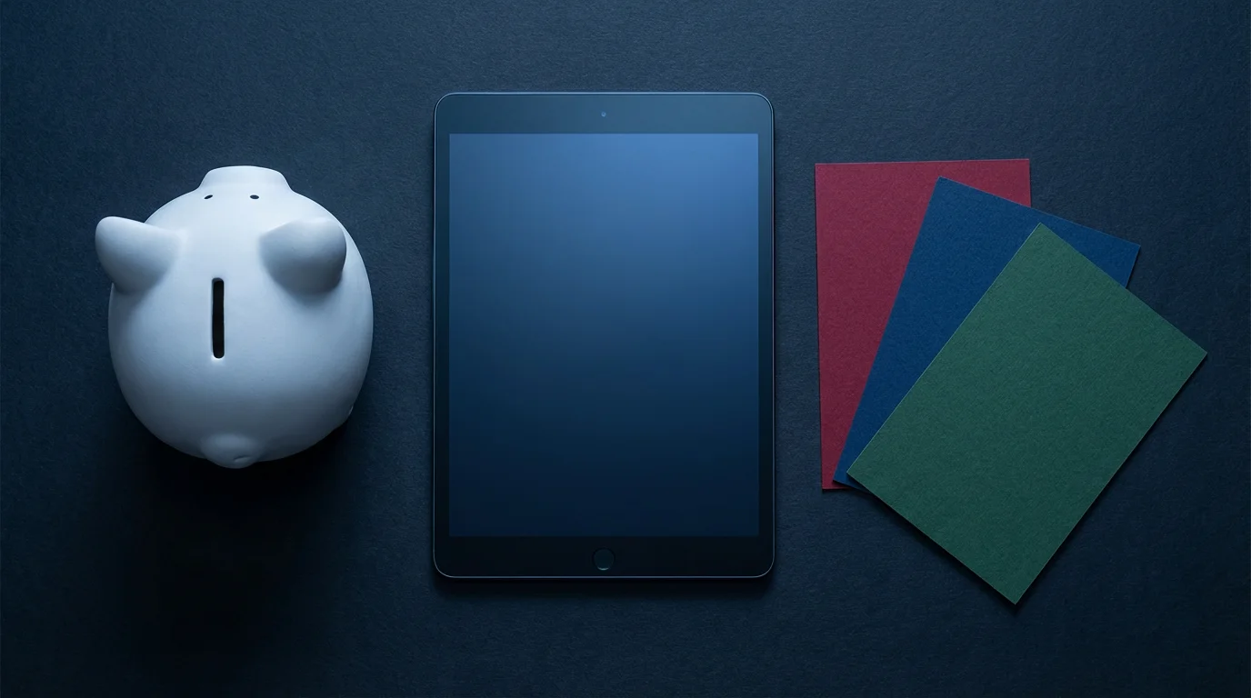 A flat lay of a white piggy bank, a tablet, and three colored cards.