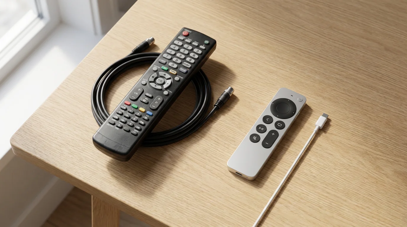 A flat lay of an old, button-heavy cable remote next to a new, minimalist streaming remote.
