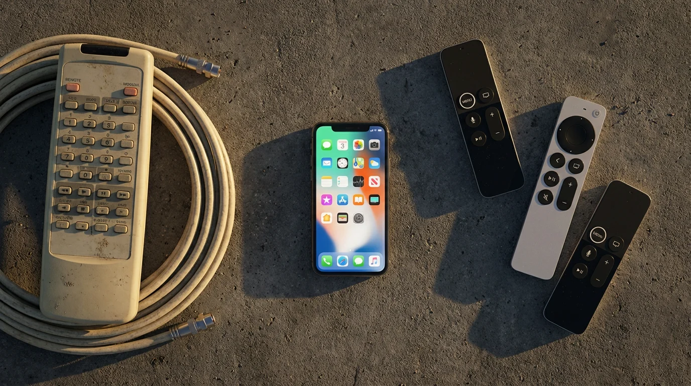 A flat lay of an old cable remote versus modern streaming remotes and a smartphone.