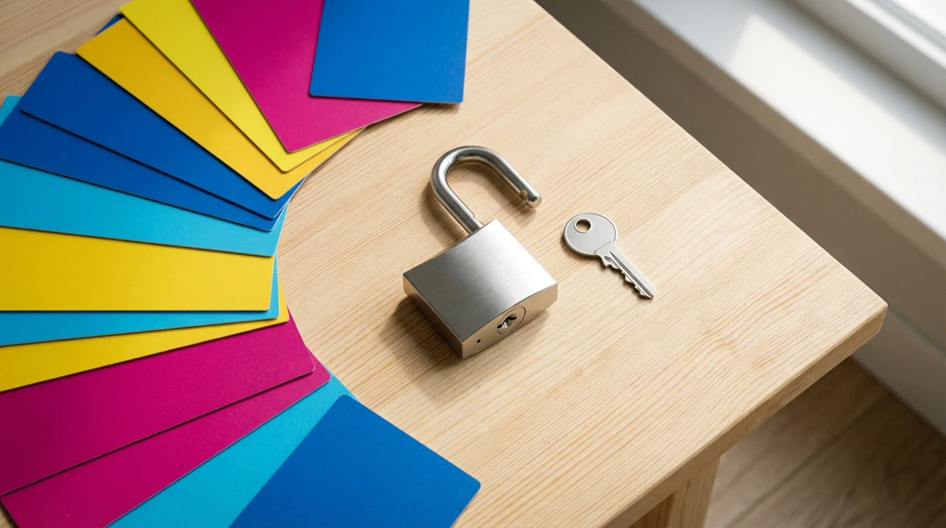 A flat lay of an unlocked padlock and key next to fanned-out colorful cards.