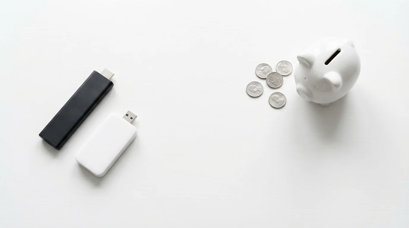 A flat lay of budget-friendly streaming devices, coins, and a piggy bank.