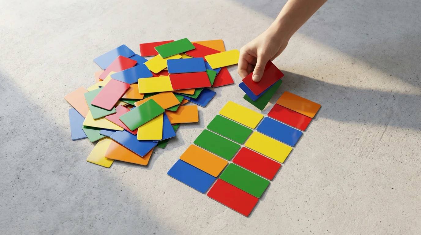 A flat lay of colorful blank cards being organized from a messy pile into a neat grid on a concrete surface.