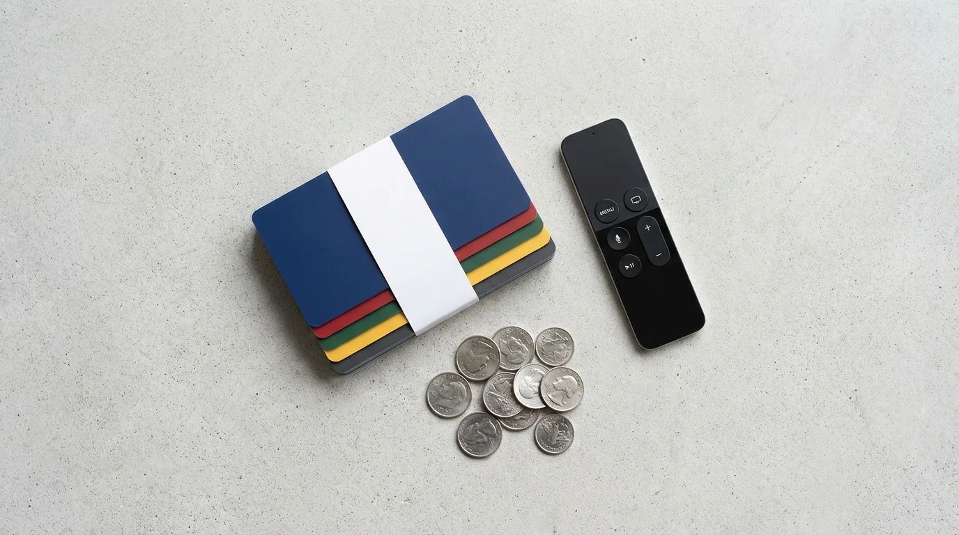 A flat lay of colorful cards bundled together, a TV remote, and coins.