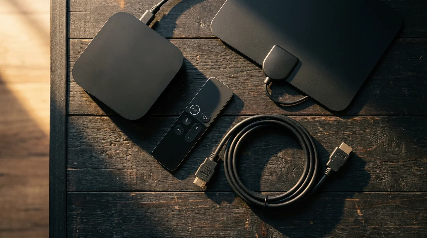 A flat lay of essential cord-cutting equipment including a streaming box and antenna.