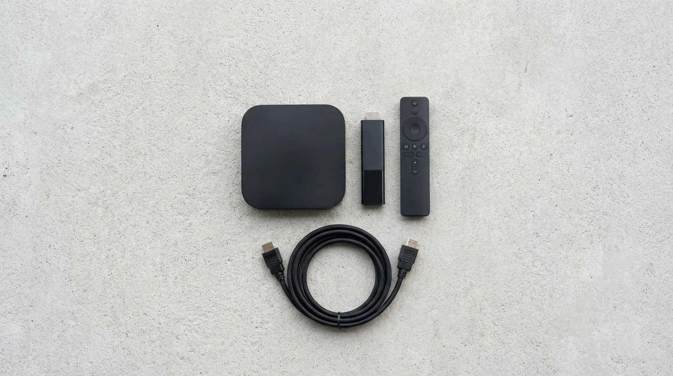 A flat lay of essential rural streaming equipment: streaming box, stick, and remote.