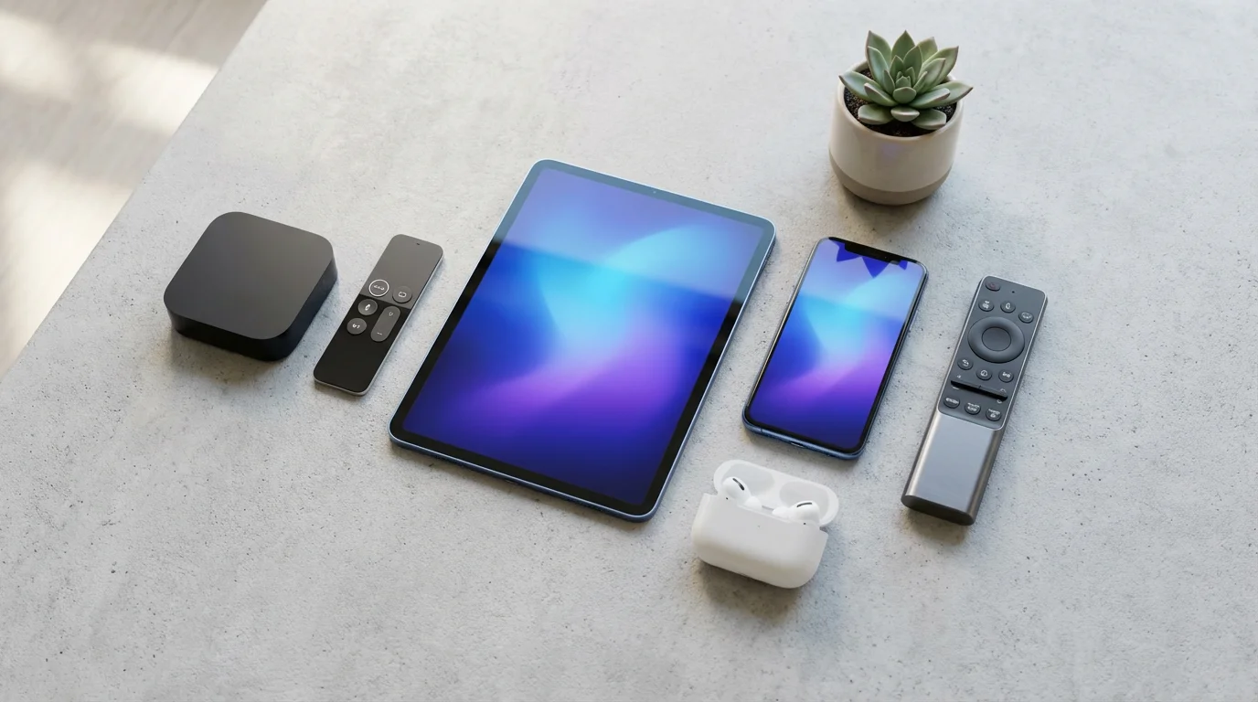 A flat lay of modern streaming devices including a tablet, phone, and remotes on a concrete surface.