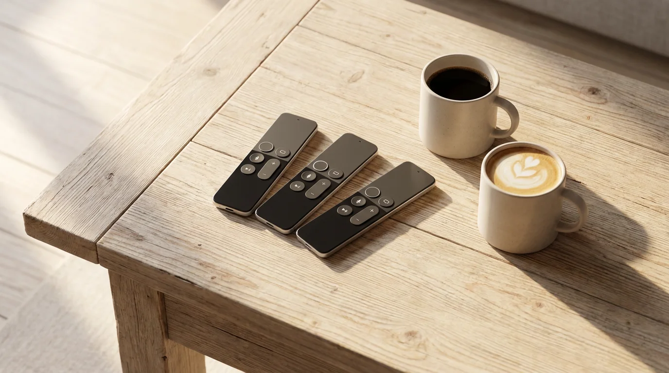 A flat lay of modern TV remotes and two coffee mugs on a wooden table.
