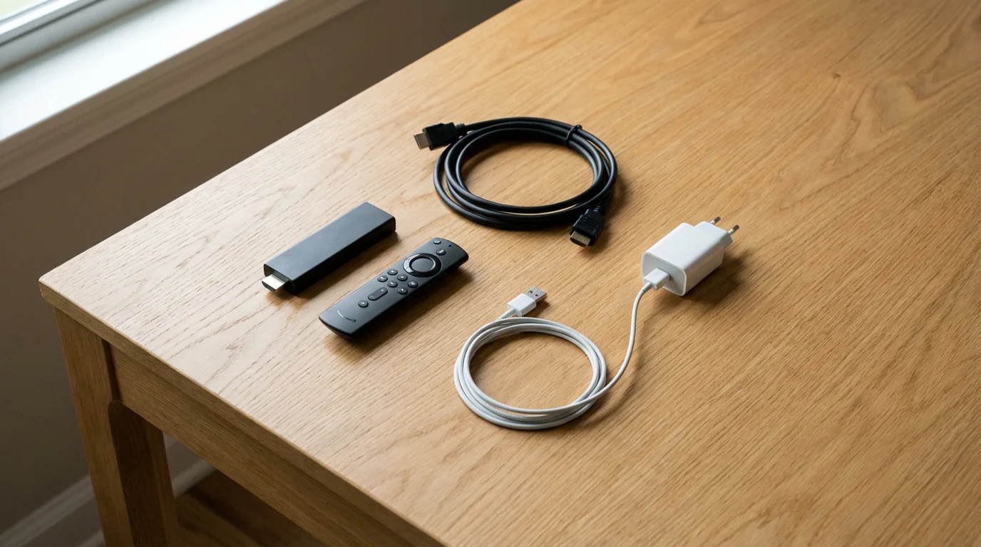 A flat lay of streaming device components, including a stick, remote, and cables.