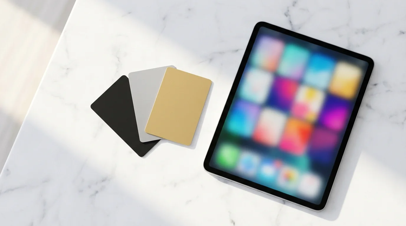 A flat lay of three cards representing subscription tiers next to a tablet.