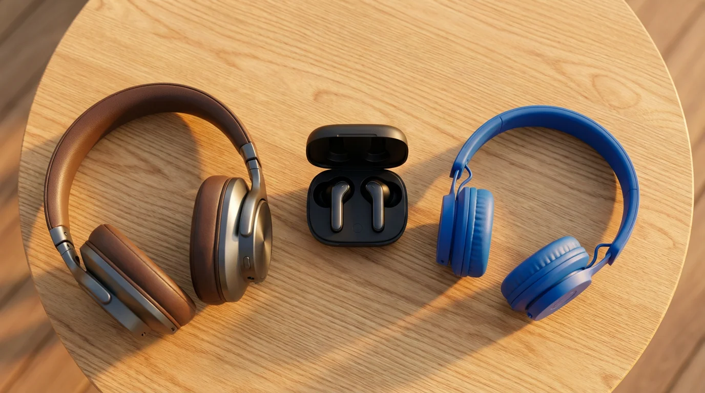 A flat lay of three different pairs of headphones representing family user profiles.