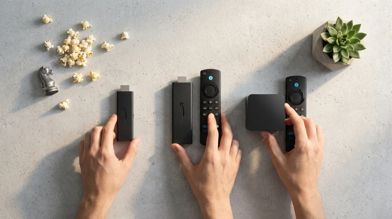 A flat lay of three streaming devices, remotes, popcorn, and a chess piece.