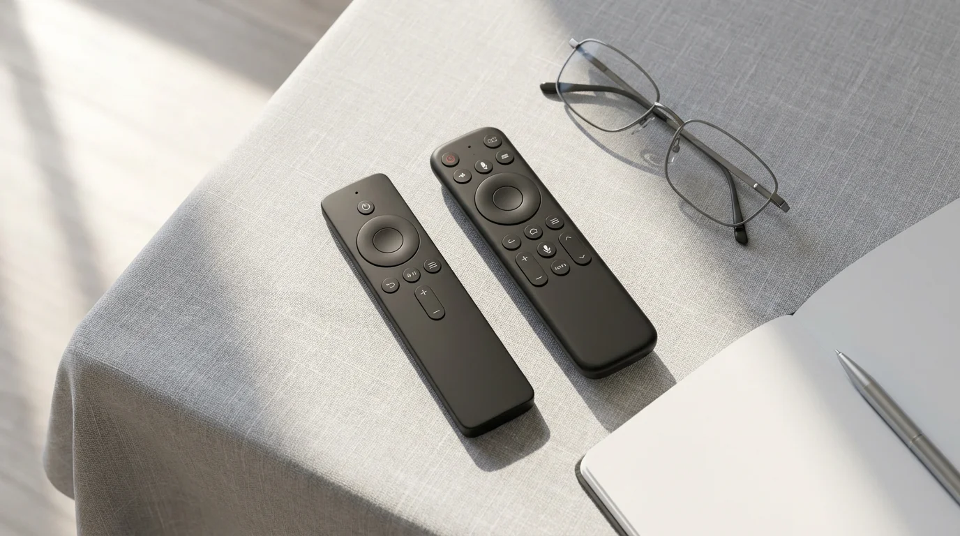 A flat lay of two different streaming remotes, reading glasses, and a notebook.