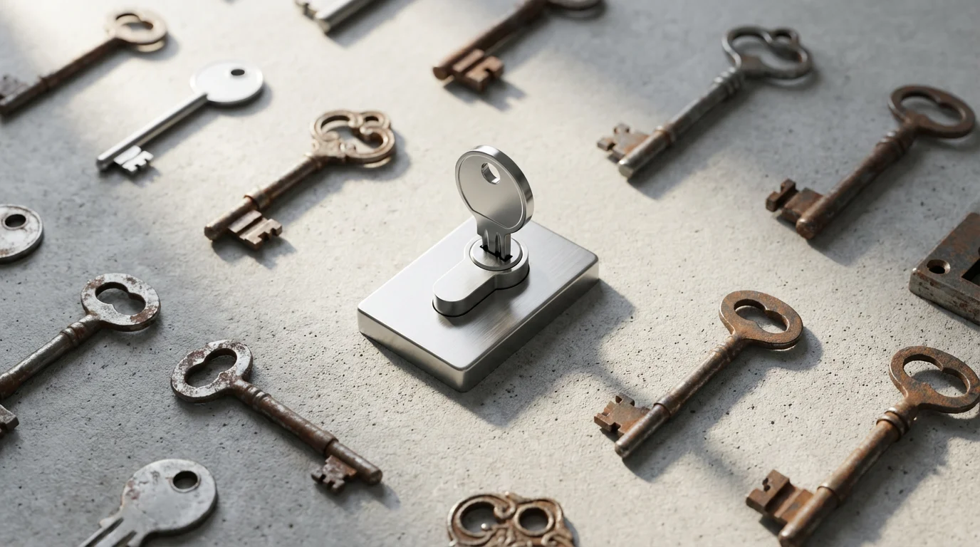 A flat lay of various keys with one modern key fitting an unlocked lock.