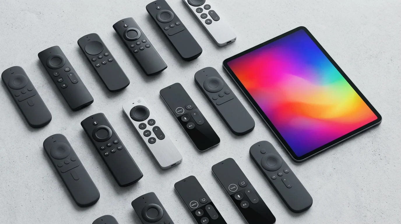A flat lay of various modern streaming remotes and a tablet on a concrete background.