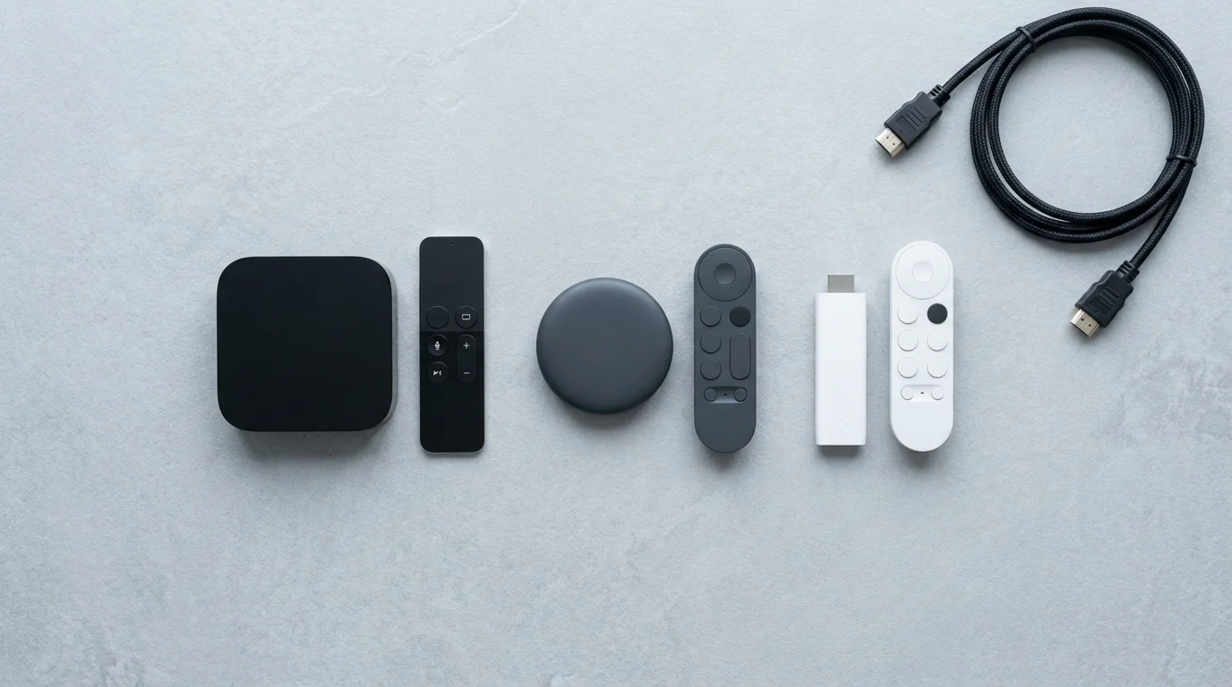 A flat lay of various unbranded streaming media players and remotes on a slate surface.