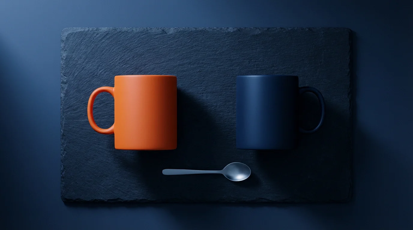 A flat lay photo of a matte orange mug and a matte blue mug on slate.