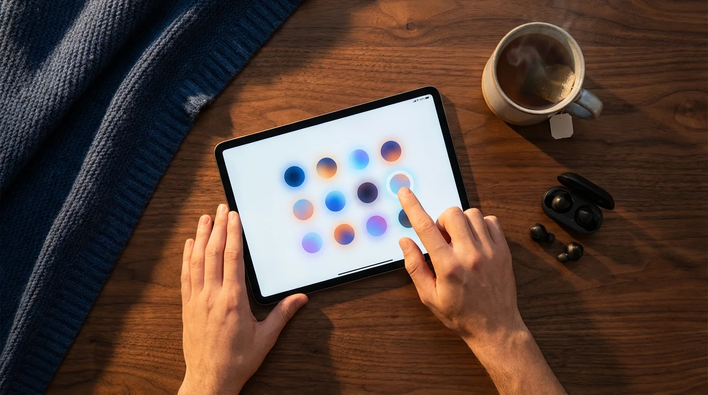 A flat lay photo of hands using a tablet to browse streaming profiles.