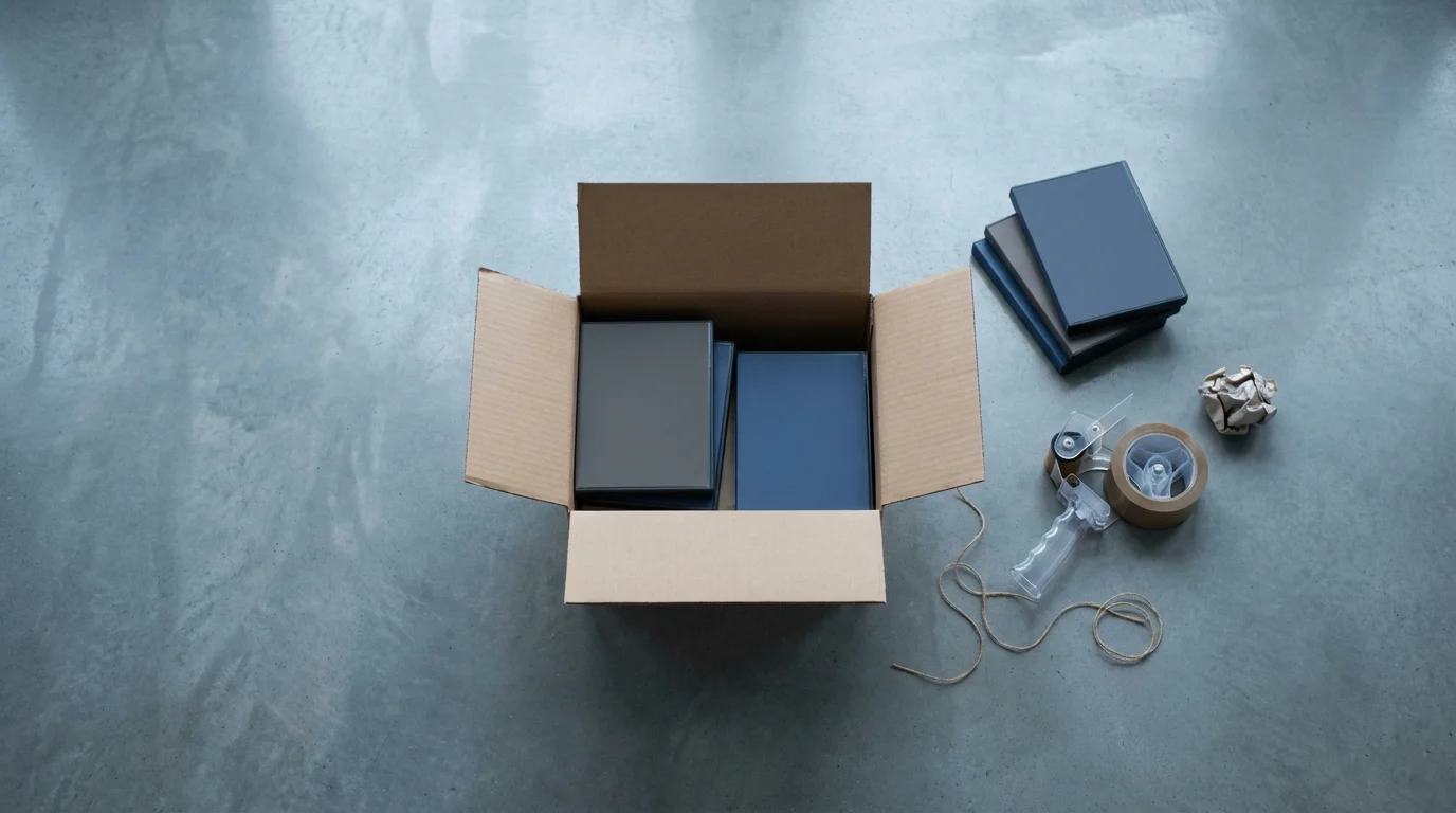 A flat lay photograph of generic media cases being packed into a cardboard box.