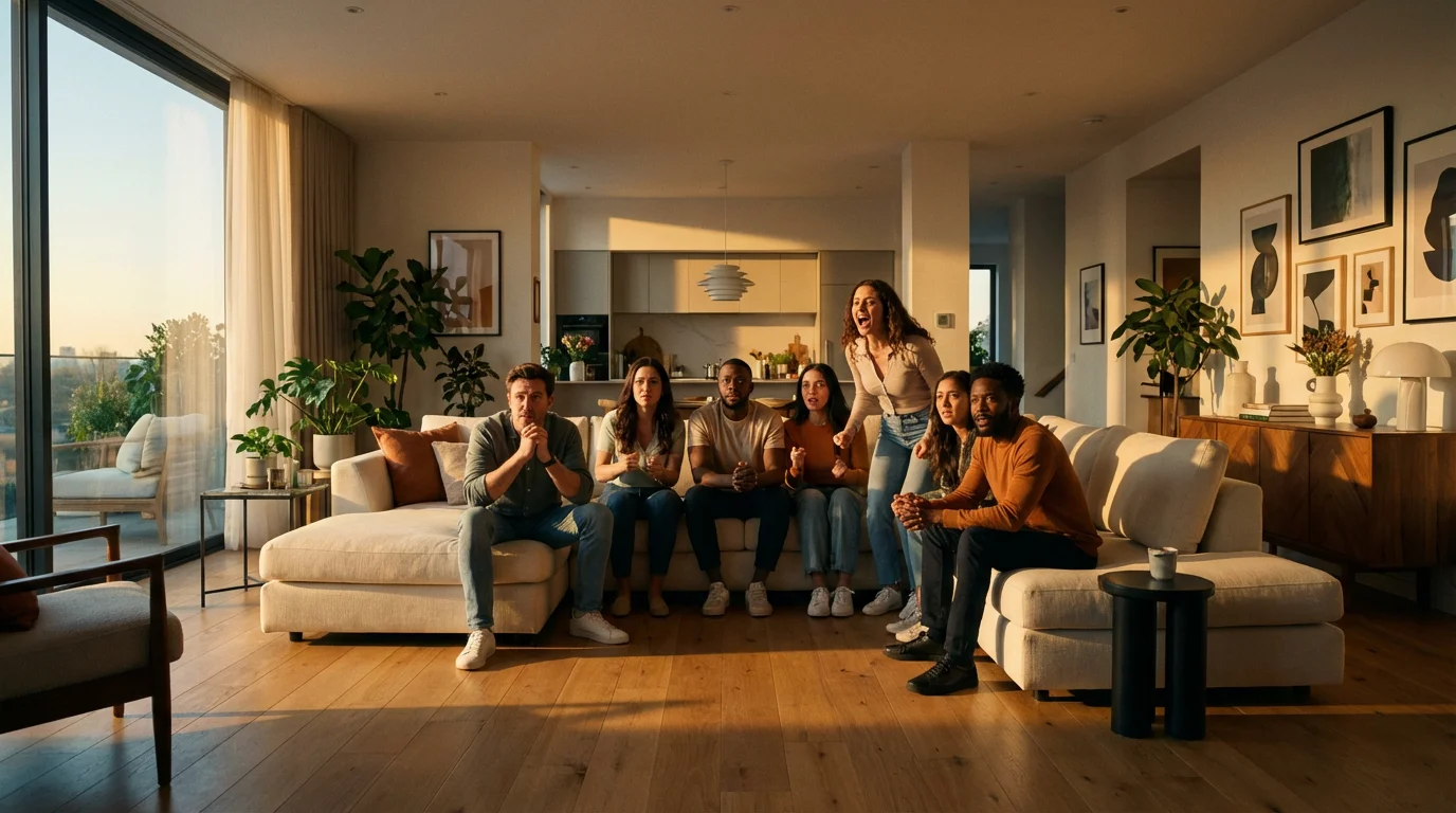 A group of diverse friends watching sports intently in a modern living room at sunset.