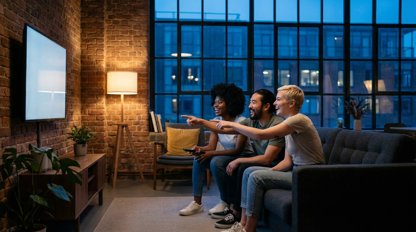 A group of friends laughing on a couch choosing what to watch on TV.