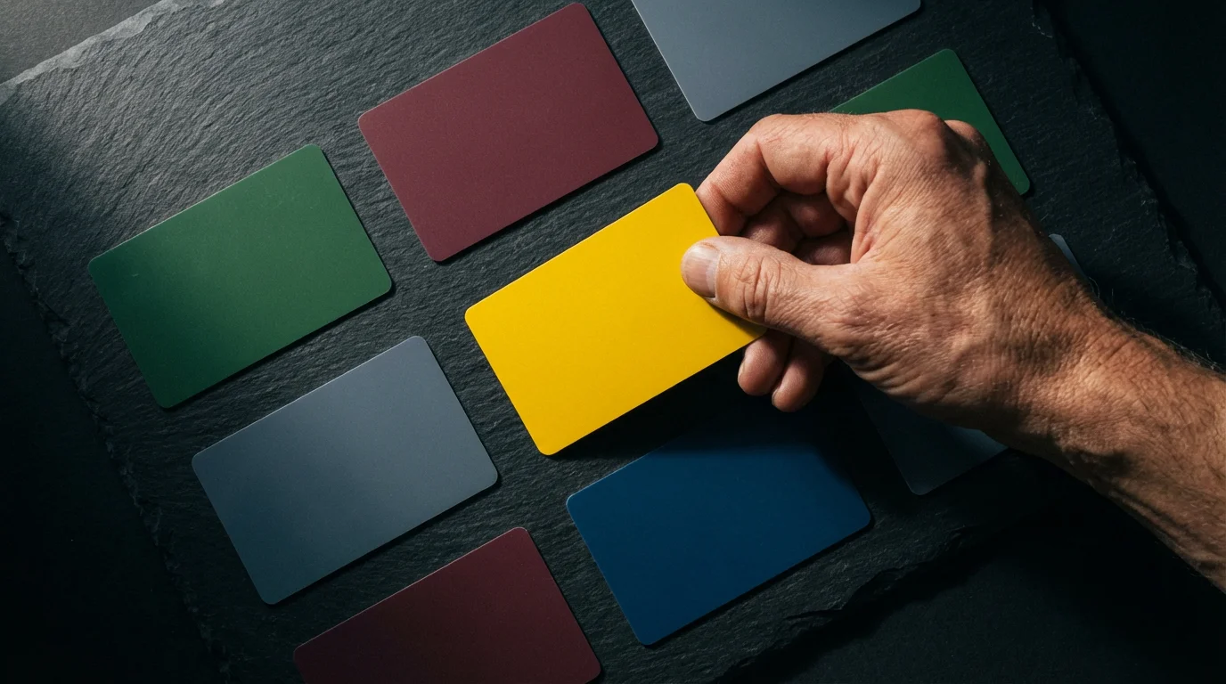 A hand choosing one colorful card from a selection on a dark surface.
