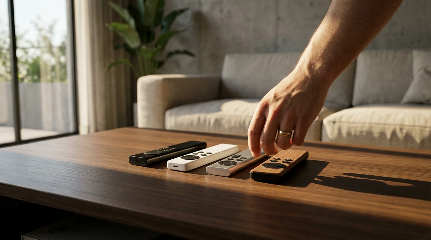 A hand gathering several different remote controls on a coffee table in afternoon light.