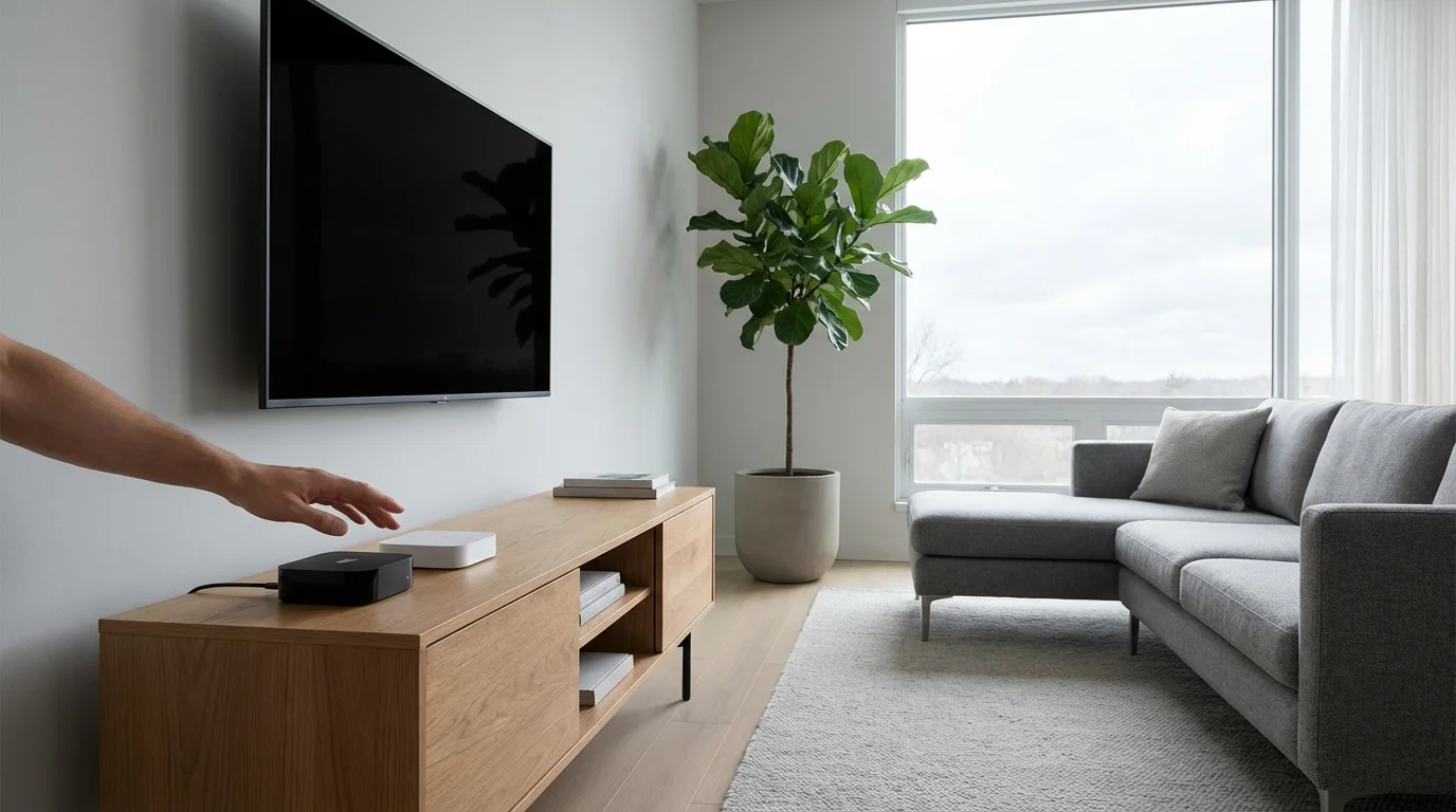 A hand hesitating between two streaming media boxes in a modern living room.