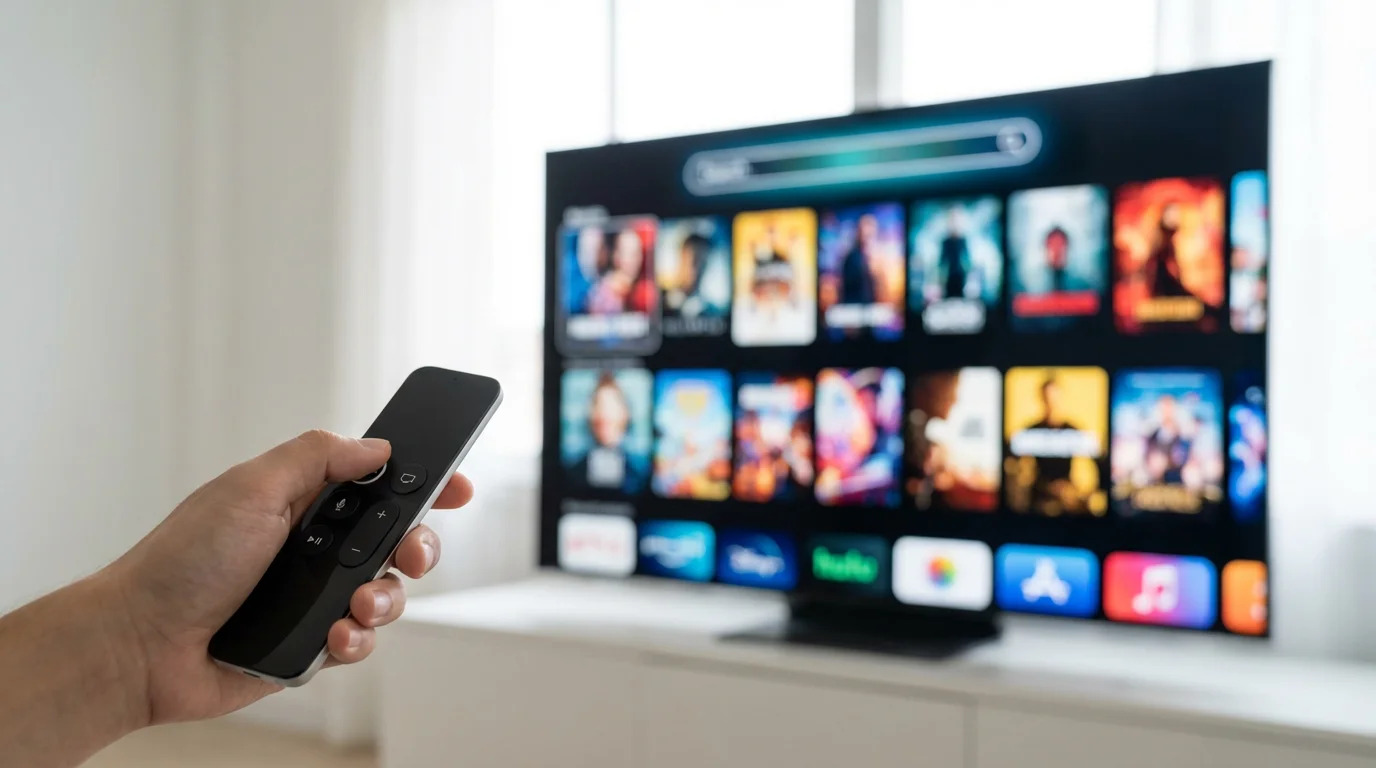 A hand holding a remote control pointed at a smart TV with a universal search interface.