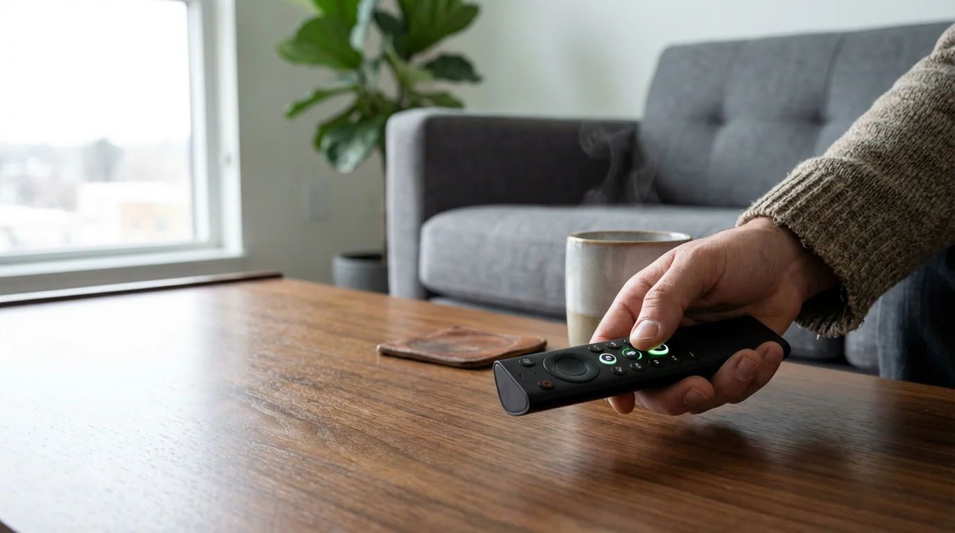 A hand holding the backlit Nvidia Shield TV remote on a coffee table.