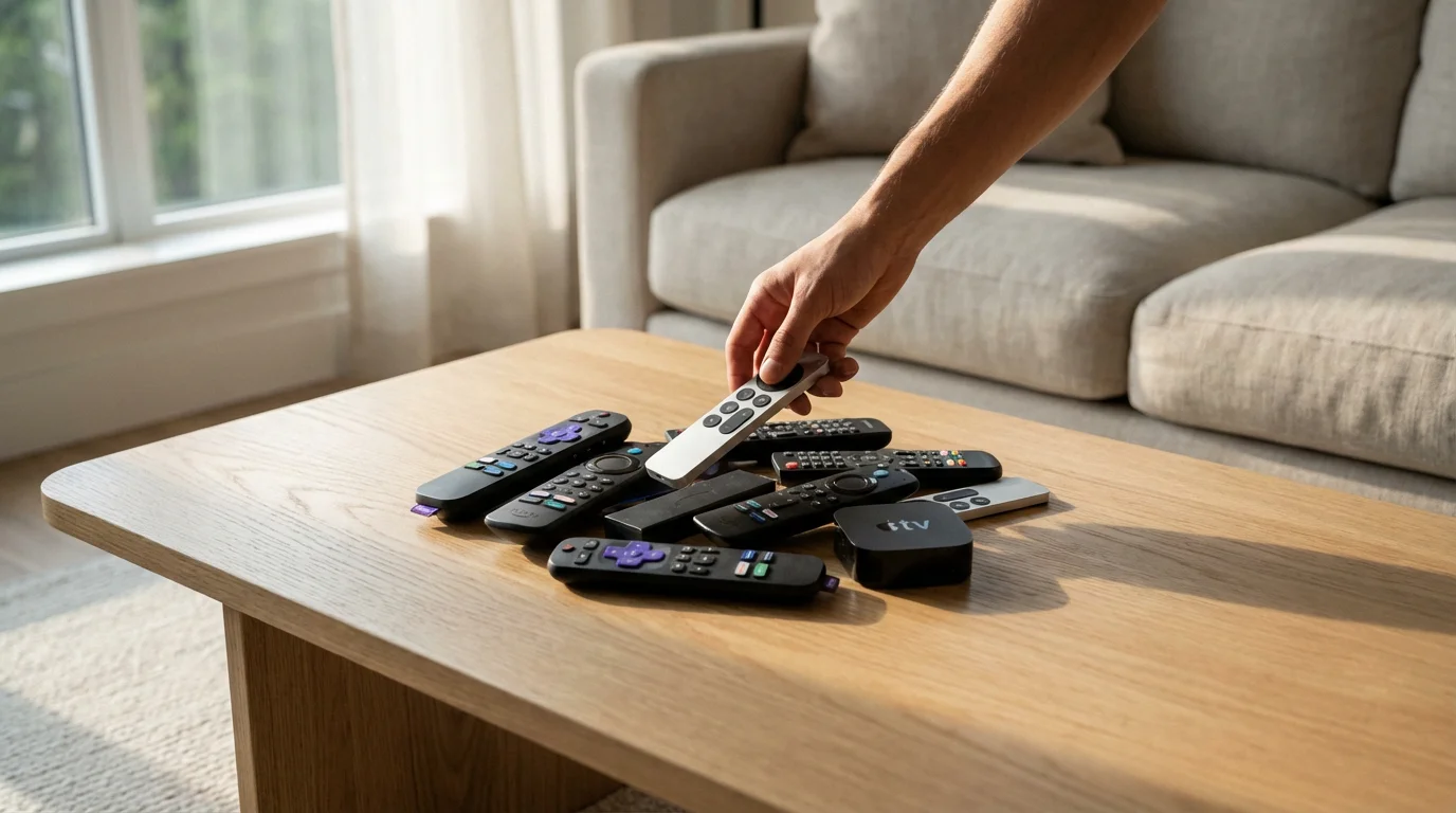 A hand picking up one single remote control from a messy pile on a table.