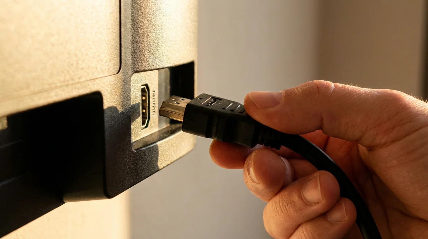 A hand plugging a black HDMI cable into the back of a TV in a hotel room.