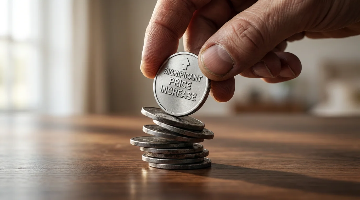 A hand stacks minimalist tokens, with a large one on top representing price hikes.