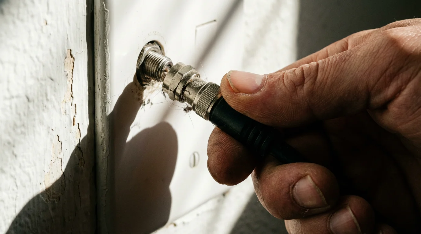 A hand unplugs a coaxial cable from a wall outlet, symbolizing cord-cutting.