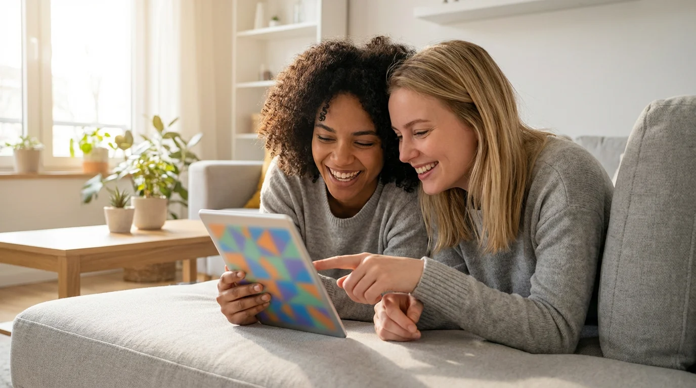 A happy couple relaxes on a sofa, looking at a glowing tablet together.