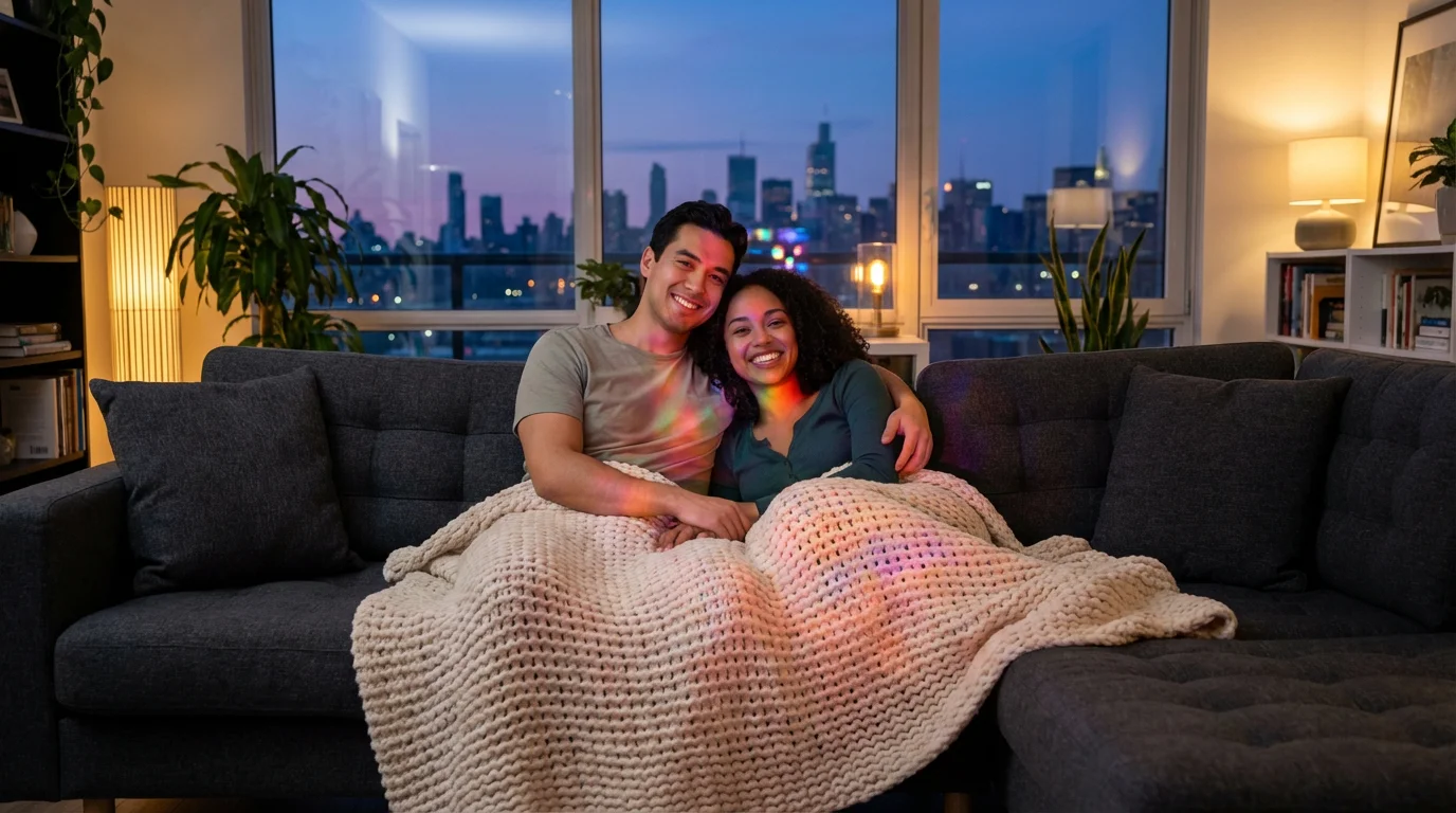 A happy young couple cuddling on a sofa watching television in their apartment at dusk.