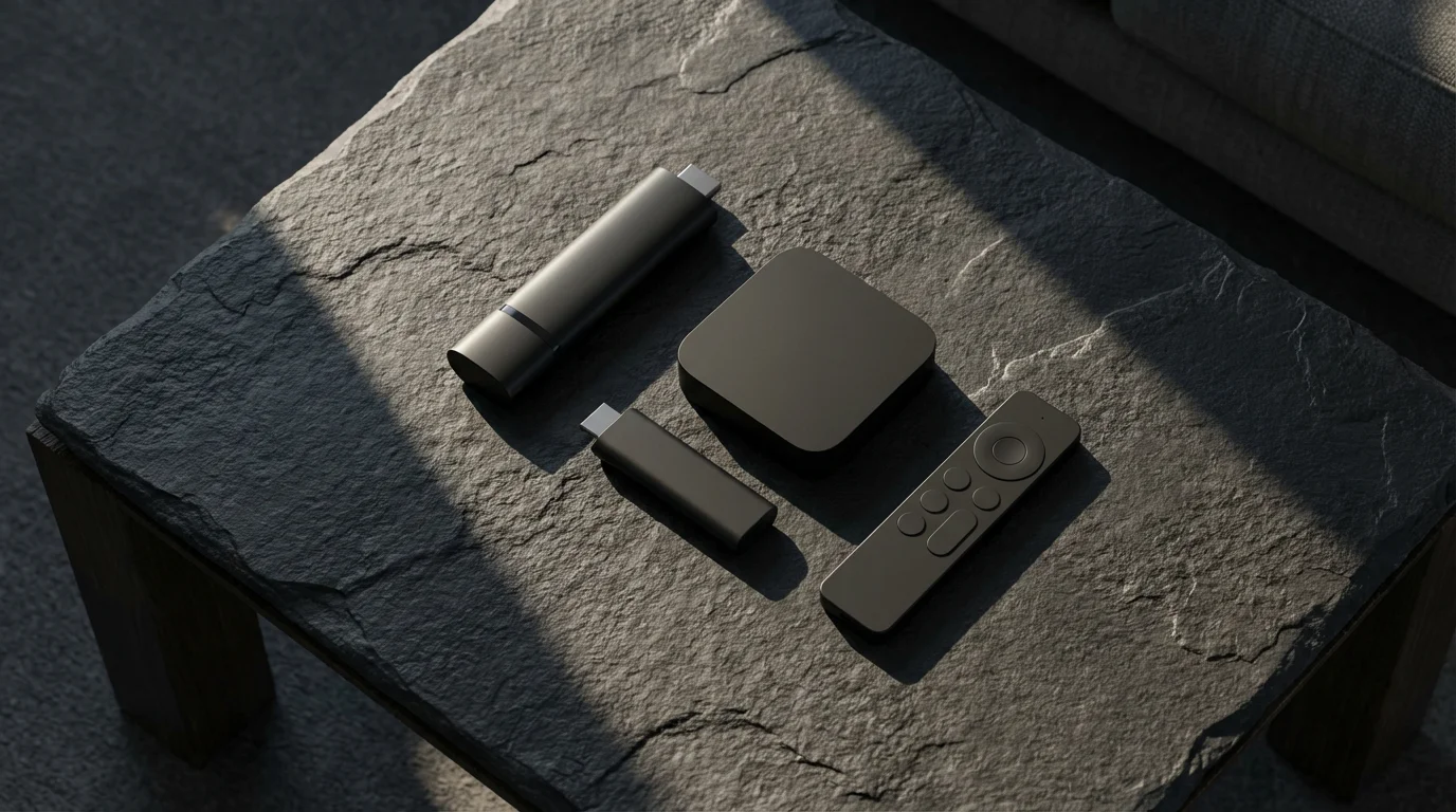 A high-angle flat lay of various modern streaming devices on a dark coffee table.